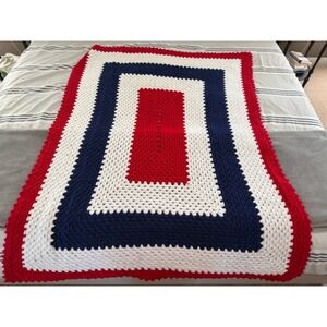 Handmade Crochet Granny Square Blanket Red White Blue Americana Afghan 46x60
